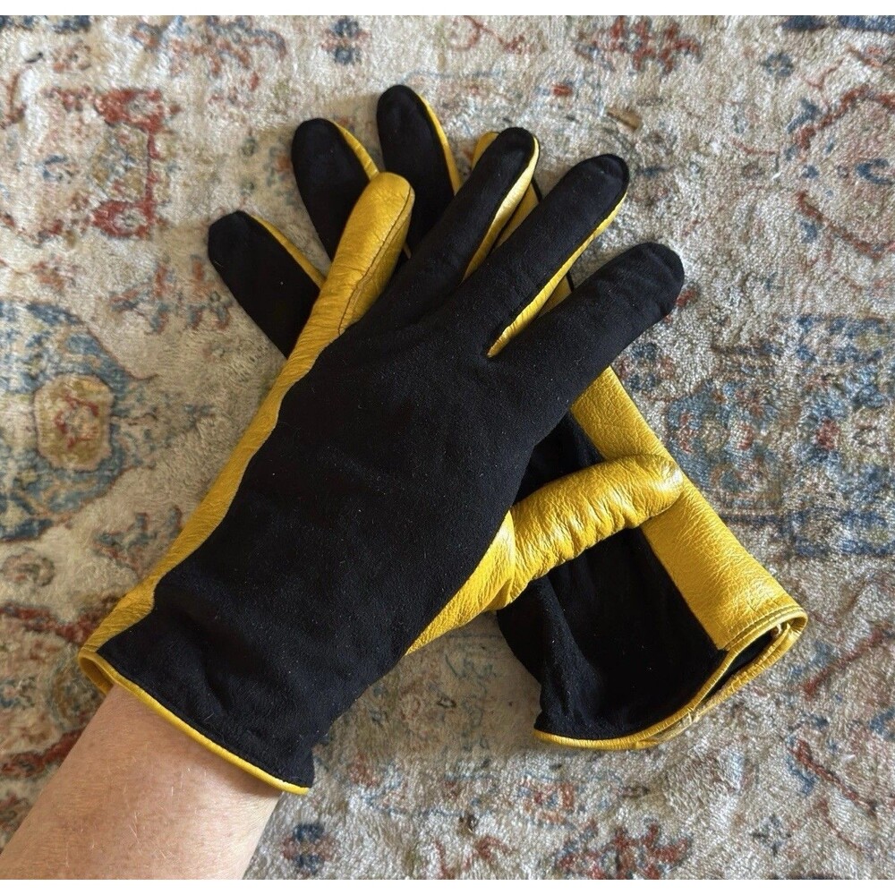 Vintage 1960s Mod Black Yellow Stripe Two Tone Leather Gloves Color Block Sony